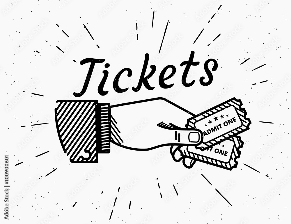 Retro grunge illustration of human hand with two tickets - obrazy, fototapety, plakaty 