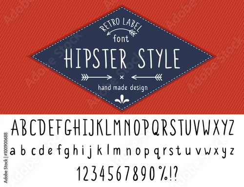 Hipster style font hand made slim line design. Latin black typeface uppercase and nubers isolated on white with blue retro label on red stripped background