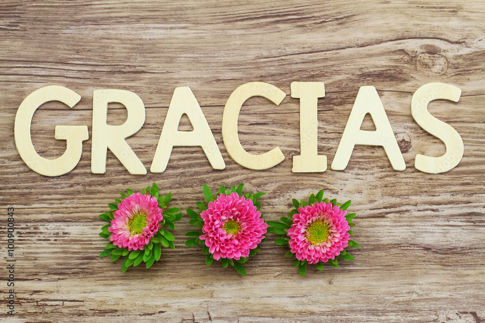 Gracias (thank you in Spanish) written with wooden letters and pink daisies