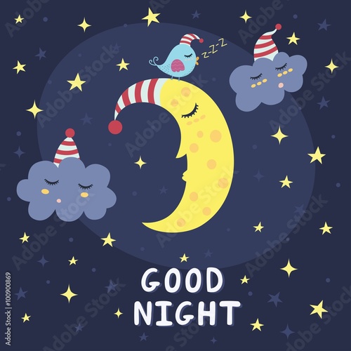 Good night card with the cute sleeping moon, clouds and a bird. Vector illustration