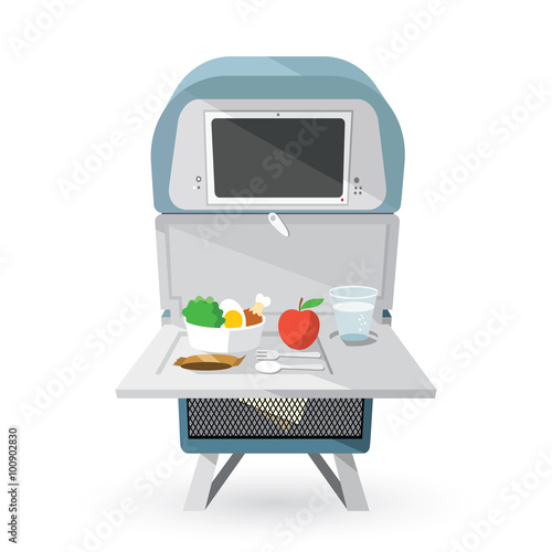 Airplane seat with opened tables, food and drink
