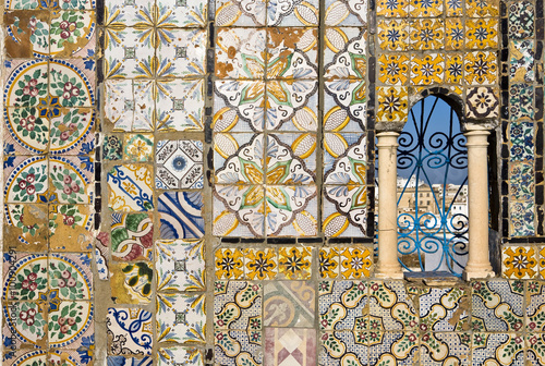 Tunisia. Tunis - old town (medina). Fragment of wall covered tiles with floral and geometric shape motifs