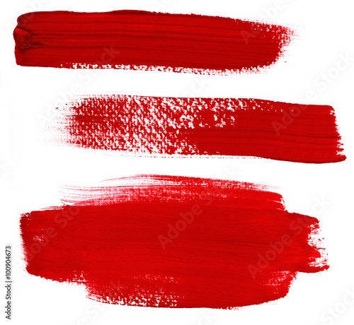 Set of abstract red paint brush strokes on white background