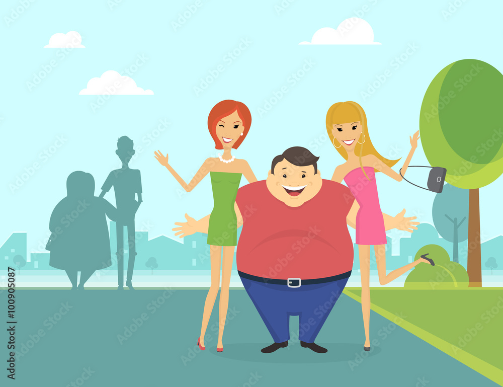 Fat man with his thin girlfriends in the park Fat man with his thin girlfriends in the park
