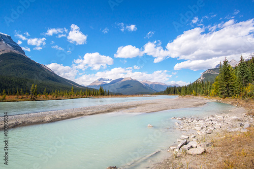 milky waters of a river in a valley in the middle of peaks and forest of pines during a sunny day in the rocky mountains of alberta canada