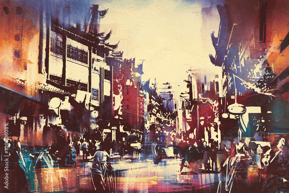 Naklejka premium digital painting of Chinese buildings with people walking in city street