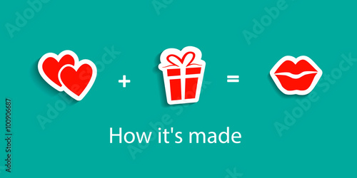 Love formula of symbolic signs. How it's made. Hearts. Lips Kiss. Gift box, present. 