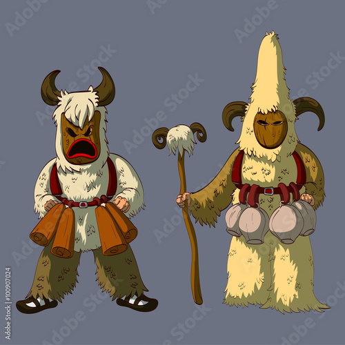 Vector illustration of Bulgarian Kukeri. Masked men, who are chasing the evil spirits away, during the Bulgarian custom "Surva"