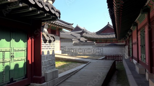 Tourist on the territory of Gyeongbok Palace. Seoul, South Korea. photo