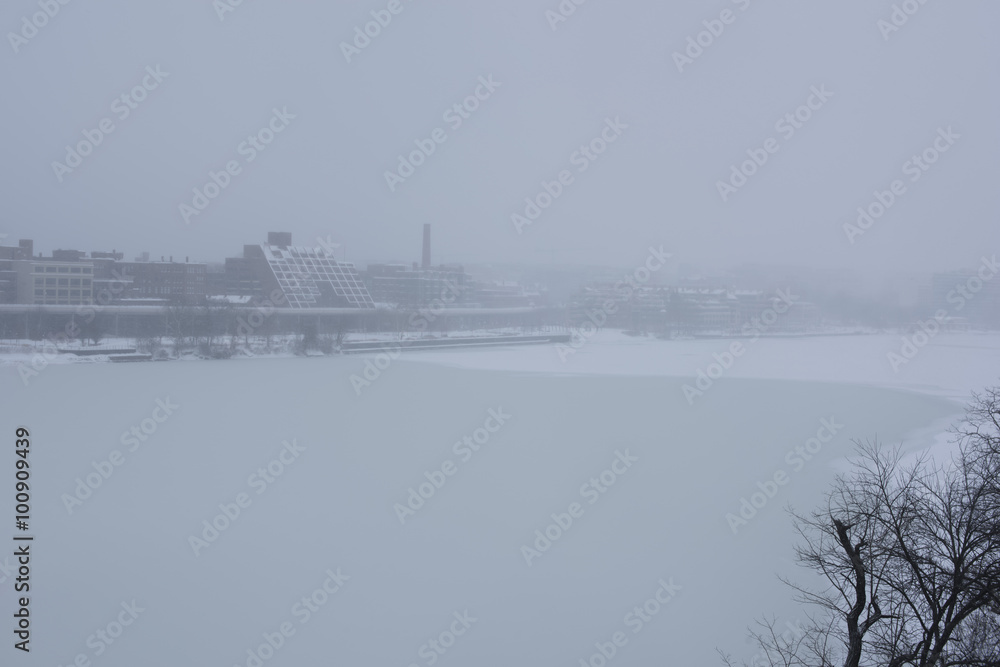 Washington DC disappearing in to the haze of snow from Francis Scott Key Bridge