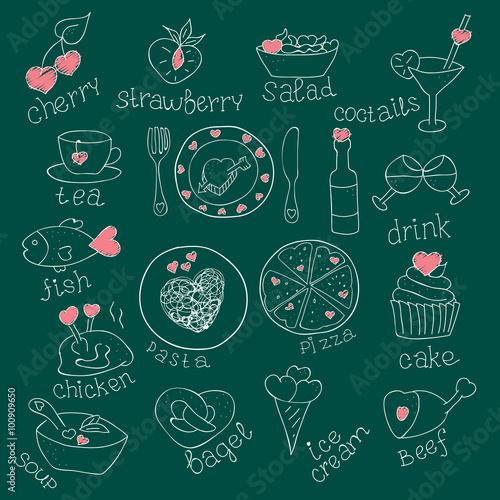 Set of Foods with hearts. Love romantic. For invitations cards. Valentines day, Wedding. Doodle Hand drawn. Chalkboard