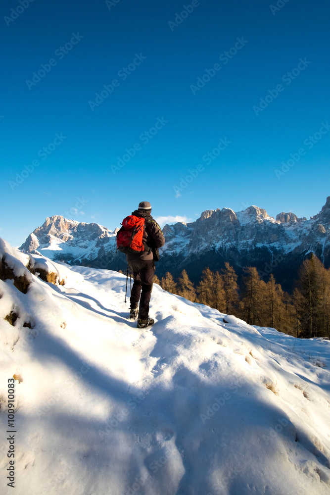 trekking in mountains with snow