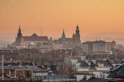 Royal castle and cathedral on the Wawel hill in Krakow, Poland in the evening