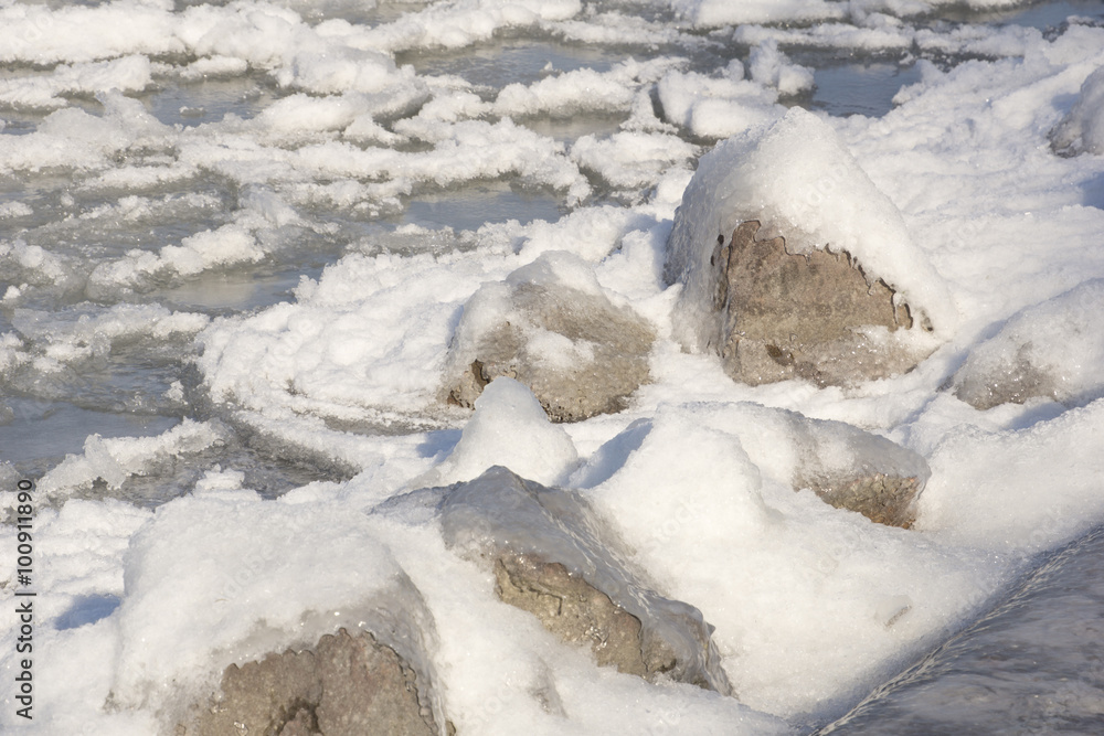 Closeup of rocks along the coast of a lake covered with ice