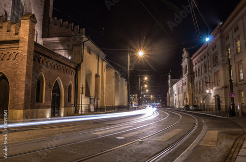 Light trails on a street in old town, Krakow, Poland © tomeyk