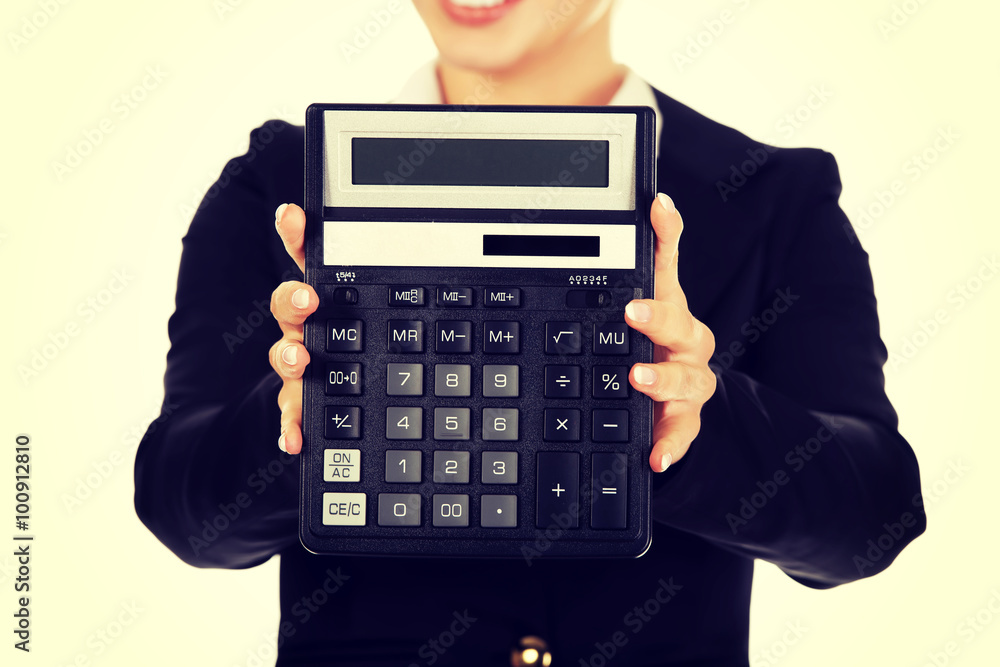 Young smile businesswoman show calculator Young smile businesswoman show calculator