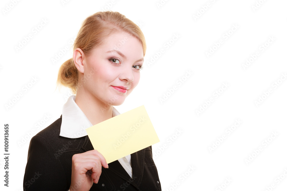 Ad. Businesswoman holding blank copy space card Ad. Businesswoman holding blank copy space card