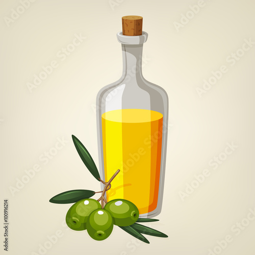 Vector bottle of olive oil with a branch of green olives. 