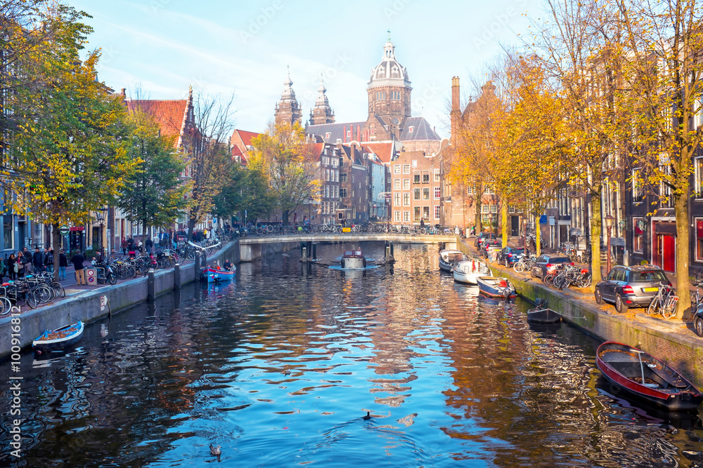 City scenic from Amsterdam in Netherlands in fall