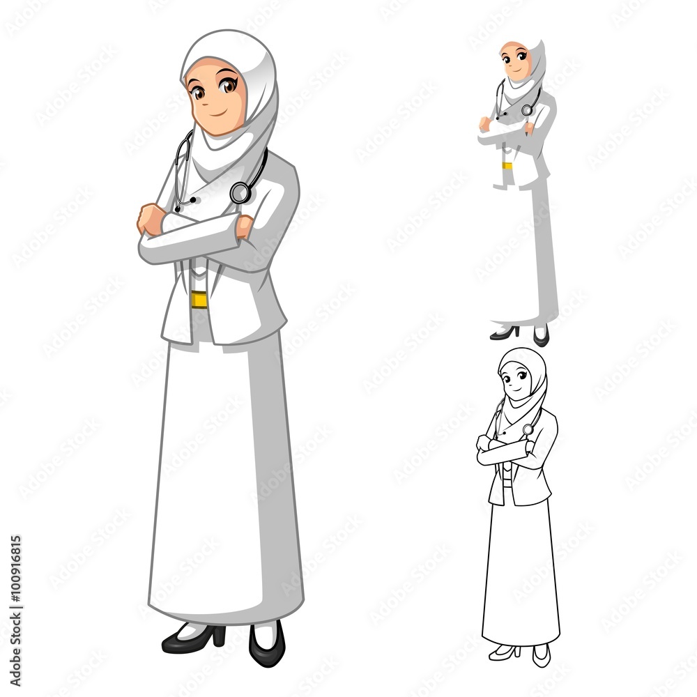Muslim Woman Doctor Wearing White Veil or Scarf with Folded Hands Cartoon  Character Vector Illustration Stock Vector | Adobe Stock