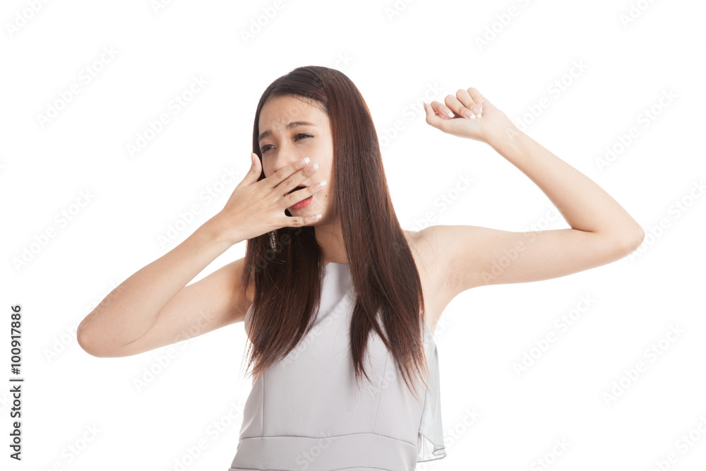 Sleepy young Asian woman yawn Sleepy young Asian woman yawn
