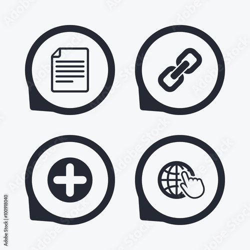 Plus circle and hyperlink signs. File, globe.