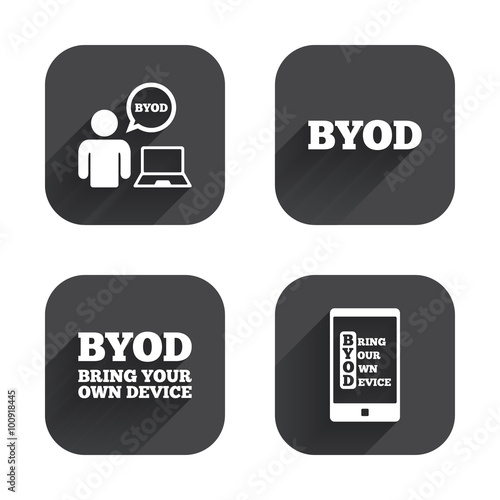 BYOD signs. Human with notebook and smartphone.