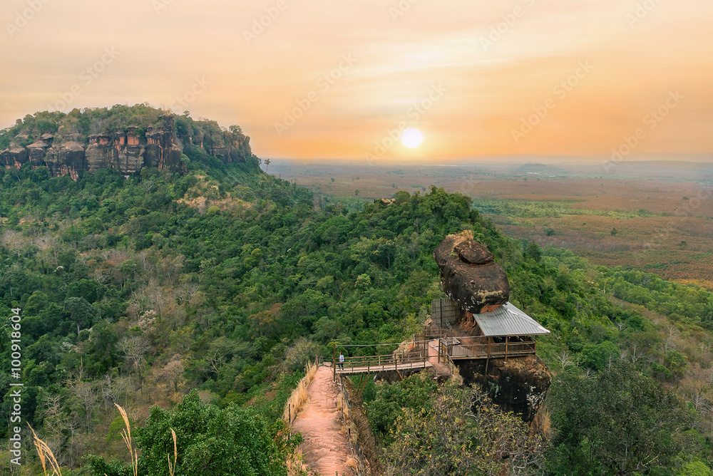 Fototapeta premium Unseen in thailand and amazing thailand,Phu tok mountain or Wat Jetiyakiree Viharn Temple with wooden trail round of the 7 floors mountain at Bueng Kan Province
