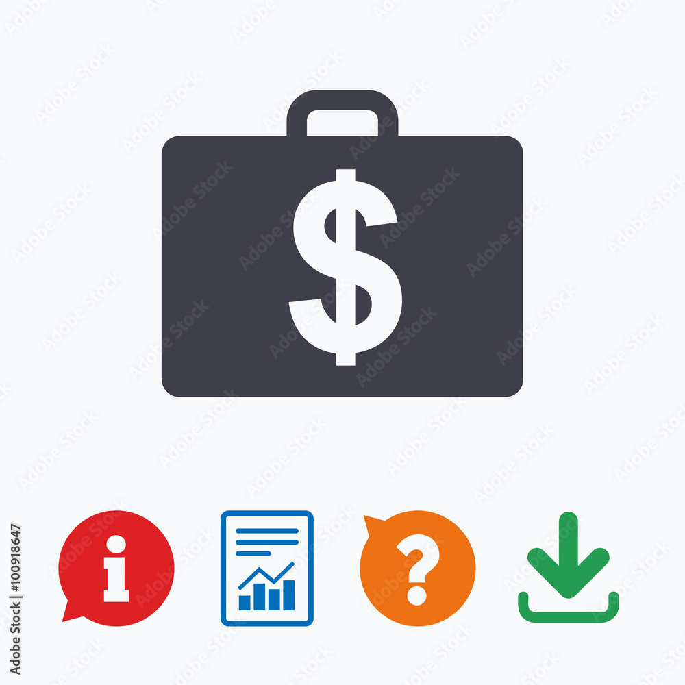 Case with Dollars USD sign. Briefcase button. Case with Dollars USD sign. Briefcase button.