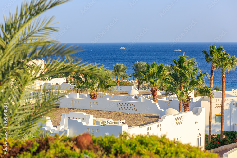 Panorama of white city and the blue sea, Egypt.