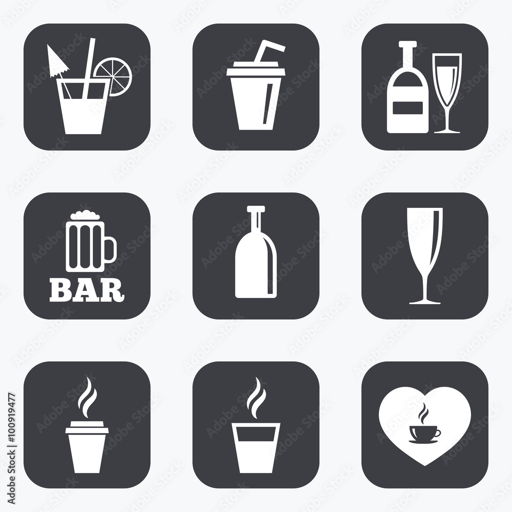 Beer, coffee and tea icons. Alcohol drinks. Beer, coffee and tea icons. Alcohol drinks.