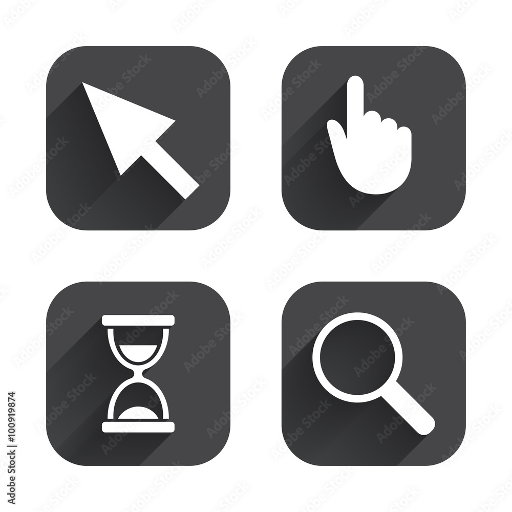 Mouse cursor icon. Hourglass, magnifier glass. Mouse cursor icon. Hourglass, magnifier glass.
