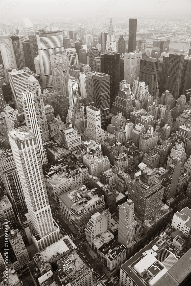 New York City Manhattan skyline aerial view black and white