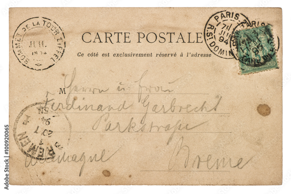 Vintage handwritten postcard letter. Used paper texture