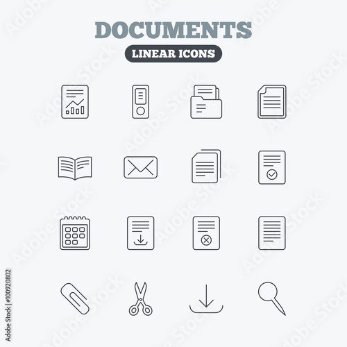 Documents linear icons. Accounting, book.