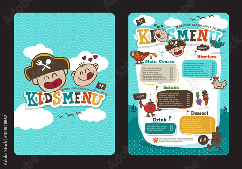 Cute colorful kids meal menu vector template with pirate cartoon