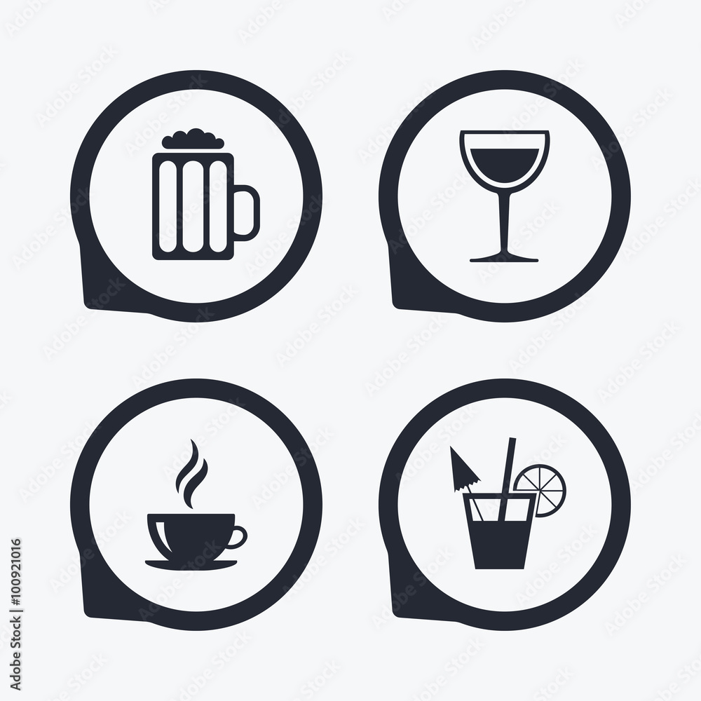 Drinks signs. Coffee cup, glass of beer icons.