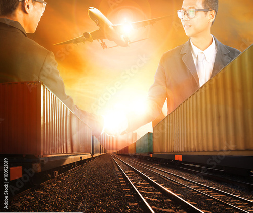 two business man successful shaking hand with railway logistic a photo