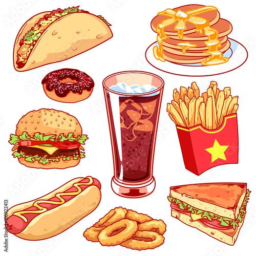 Set of cartoon fast-food icons on white background.