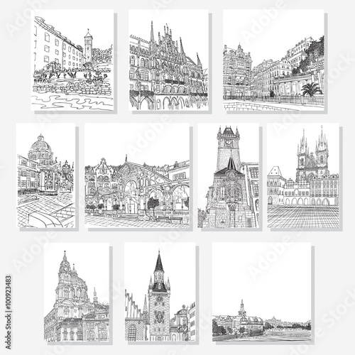 Set of creative artistic invitations and collectible chocolate packaging. Hand drawn ink vacation and travel invite cards or flyers Prague. Karlovy Vary. Munich.