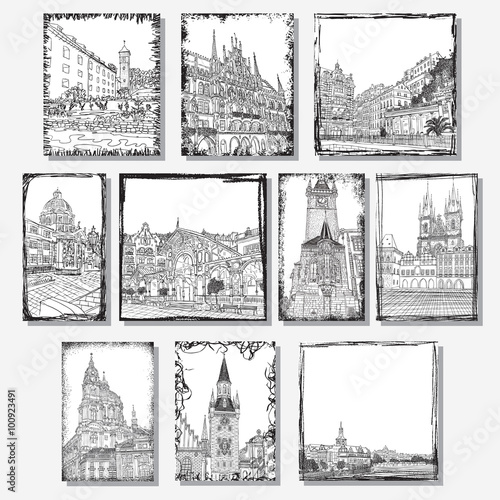 Set of creative artistic invitations and collectible chocolate packaging. Hand drawn ink vacation and travel invite cards or flyers with calligraphic drawings. Czech Republic, Germany architecture.