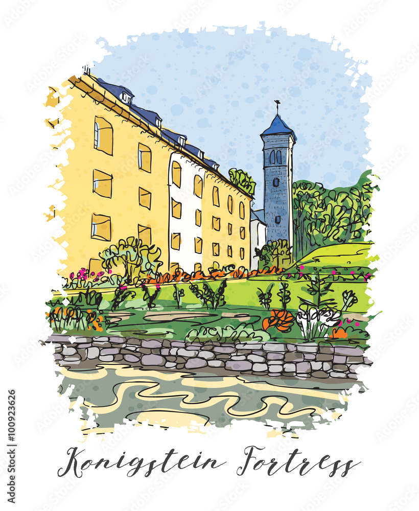 Series of vacation travel invitations card or flyers with calligraphic writing. Kenigstein Fortress, the Saxon Bastille, fortress near Dresden, in Saxon Switzerland, Germany, ink drawing imitation.