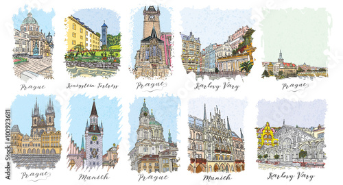 Set of creative artistic invitations and collectible chocolate packaging. Hand drawn ink vacation and travel invite cards or flyers with calligraphic city writing. Czech Republic. Germany.