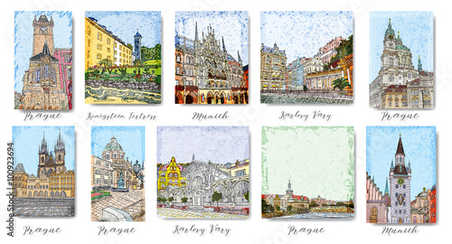 Set of creative artistic invitations and collectible chocolate packaging. Hand drawn ink vacation and travel invite cards or flyers with calligraphic city writing. Prague. Karlovy Vary. Munich.
