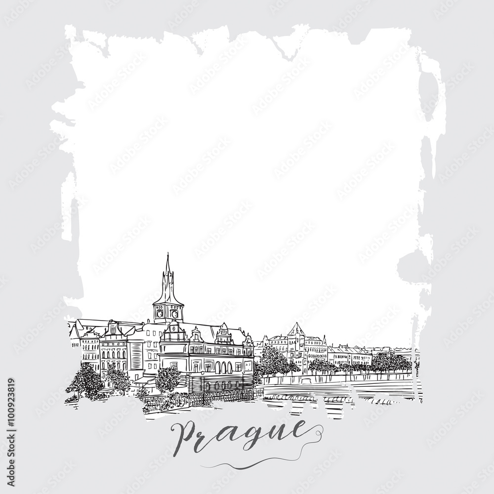 Hand drawn series of vacation travel invitations card or flyers with calligraphic city writing. Prague, Czech Republic, ink drawing imitation. With grunge frames.
