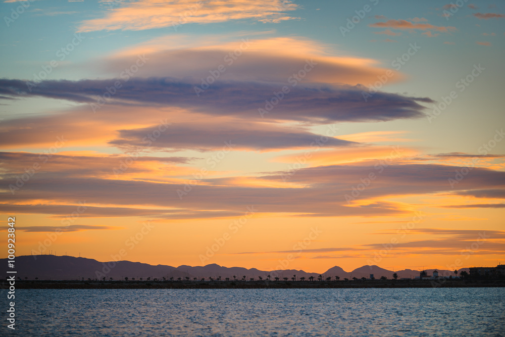 Fototapeta premium Amazing sky at sunset near the San Pedro del Pinatar. Region of Murcia. Spain