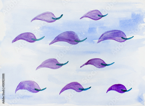 lilac petals on a blue background a watercolor