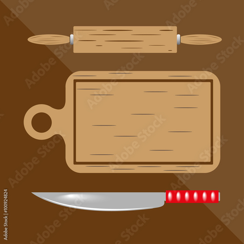 Rolling pin, cutting board and knife. Kitchen utensils and equipment. Vector icon.