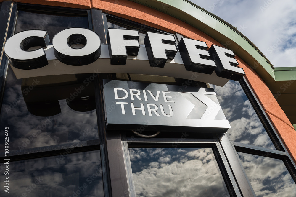 Fototapeta premium Coffee drive thru sign with reflect from glass window