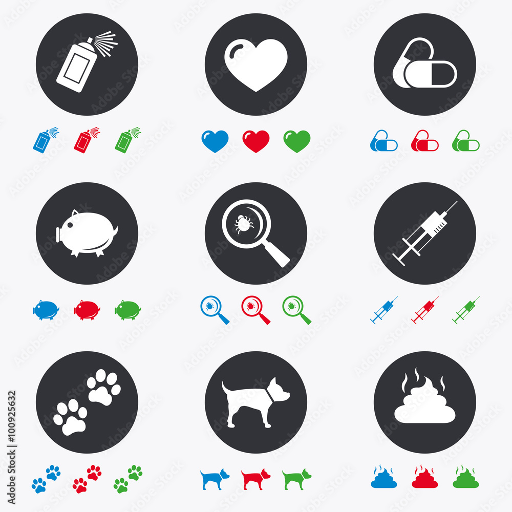 Veterinary, pets icons. Dog paws, syringe signs. Veterinary, pets icons. Dog paws, syringe signs.